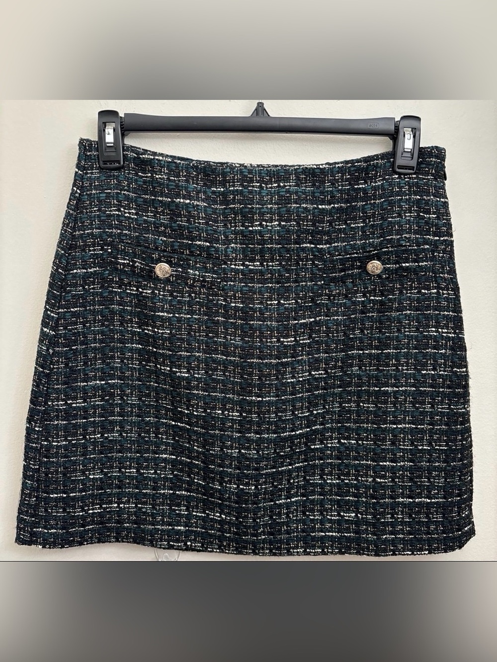 LOFT Black and Teal Tweed Skirt with Gold Thread Detail